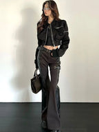 Women’s Cropped Baseball Bomber Jacket – Black Zip-Up Spring Outerwear