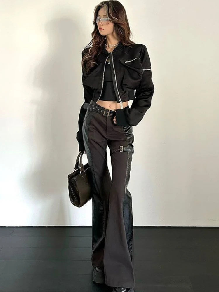 Women’s Cropped Baseball Bomber Jacket – Black Zip-Up Spring Outerwear