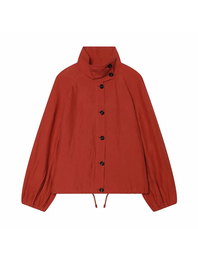 Women’s Red Cropped Bomber Jacket – Loose Fit Stand Collar Coat