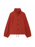 Women’s Red Cropped Bomber Jacket – Loose Fit Stand Collar Coat