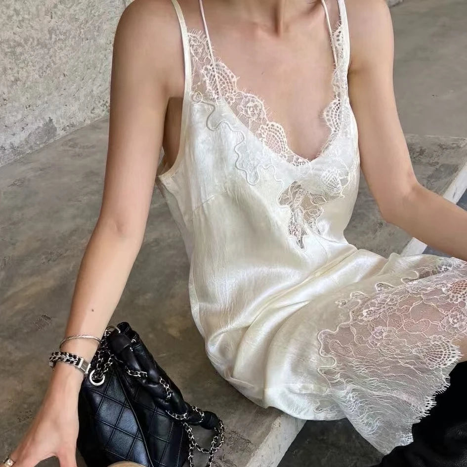 Silky Lace Strap Slip Dress – Women’s Deep V Neck Sleeveless Mini Dress