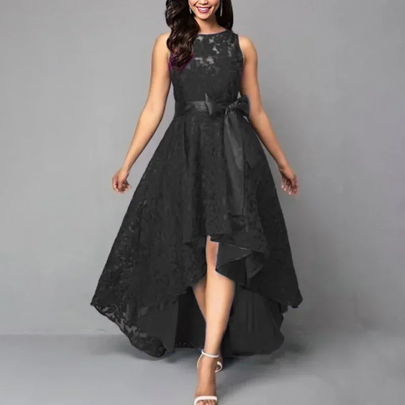 Elegant Lace Bridesmaid Maxi Dress – Women’s High Waist Bow Evening Gown