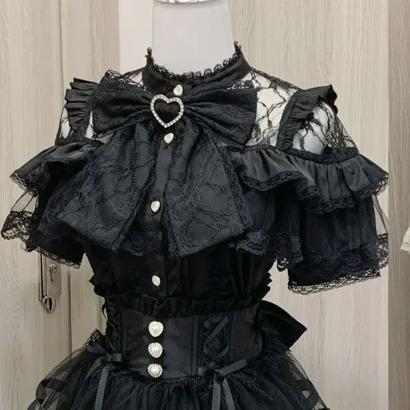 Lolita Bow Lace Blouse – Women’s Black & White Long Sleeve Shirt