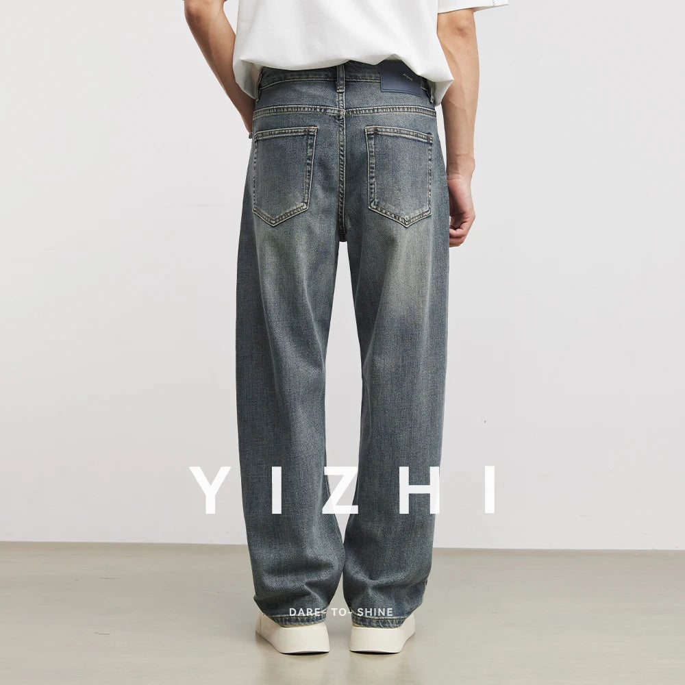 Men’s Vintage Washed Cut-Off Jeans – Loose Straight Wide Leg Denim Pants