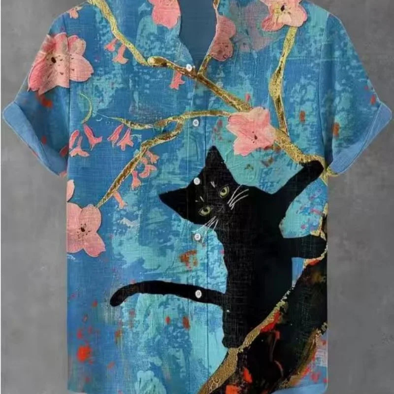 Men’s Cat Print Button-Up Shirt – Oversized Short Sleeve Summer Hawaiian Top