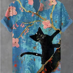 Men’s Cat Print Button-Up Shirt – Oversized Short Sleeve Summer Hawaiian Top