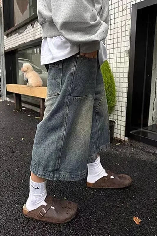 Men’s Vintage Washed Denim Shorts – Loose Wide Leg Casual Pants