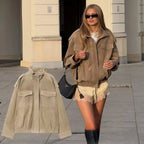 Women’s Suede Bomber Jacket – Loose Fit Long Sleeve Pocket Coat