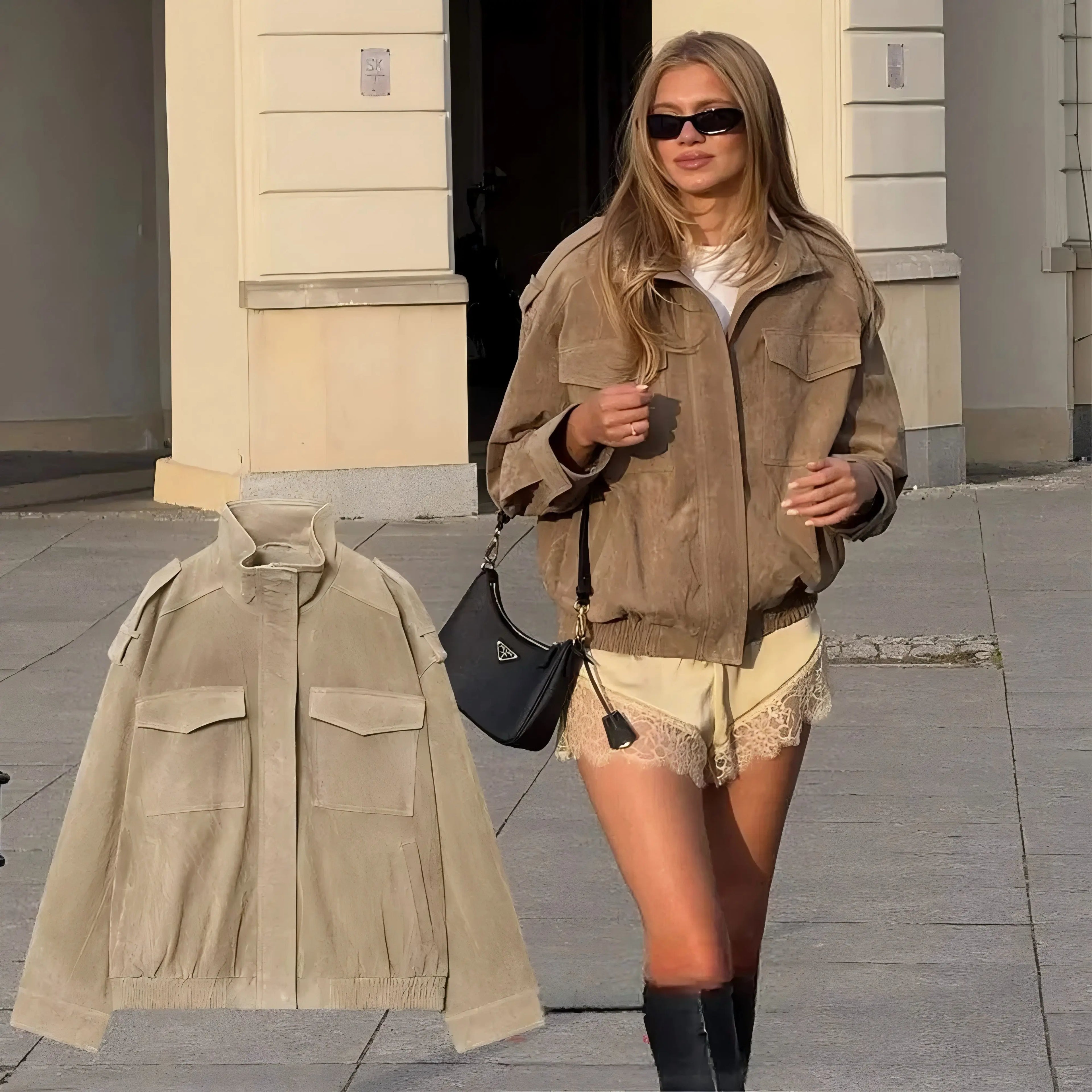 Women’s Suede Bomber Jacket – Loose Fit Long Sleeve Pocket Coat