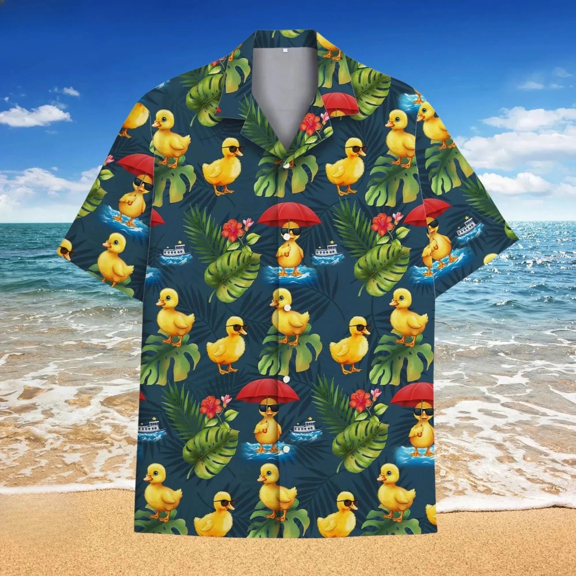 Men’s Neon Rubber Duck Hawaiian Shirt – Fun Printed Short Sleeve Button-Up