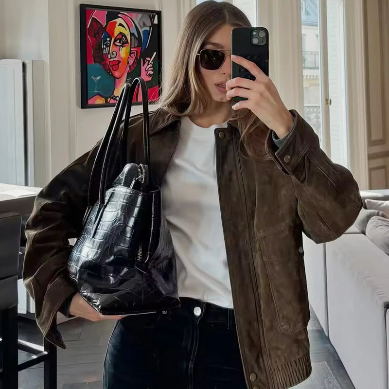 Women’s Suede Cropped Bomber Jacket – Chic Long Sleeve Outerwear