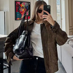 Women’s Suede Cropped Bomber Jacket – Chic Long Sleeve Outerwear