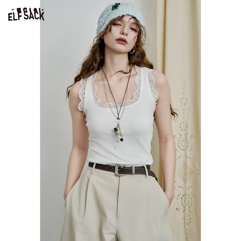 Elegant Lace Trim Ribbed Tank Top – Women’s Sleeveless White Cami