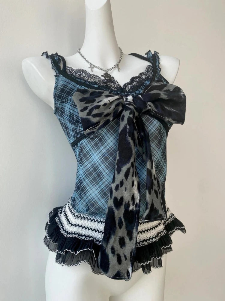 Vintage Leopard Lace Patchwork Cami – Women’s Y2K Sleeveless Summer Top