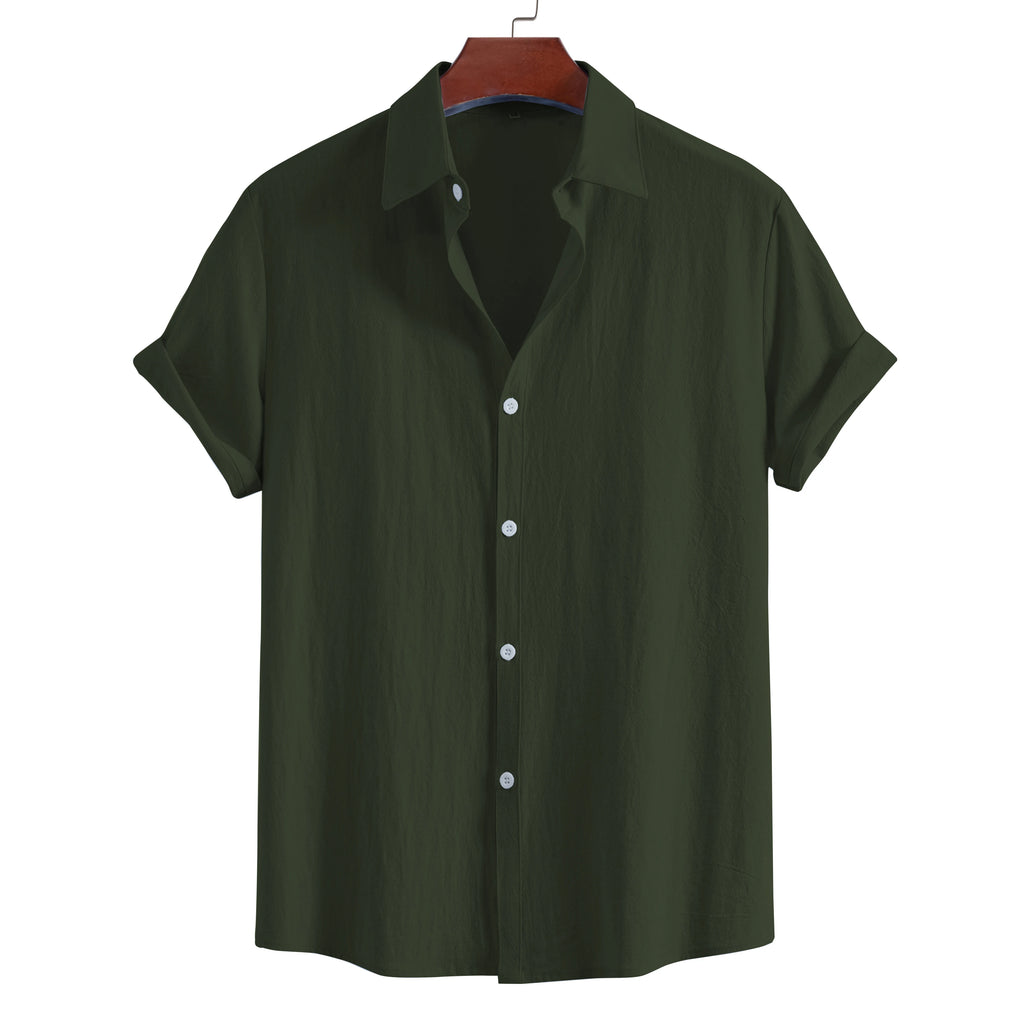 Men’s Cotton Short Sleeve Lapel Shirt – Solid Color Casual Summer Top