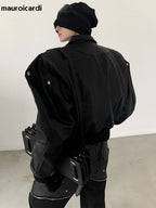 Men’s Oversized PU Leather Jacket – Black Shoulder Pad Zip-Up Coat