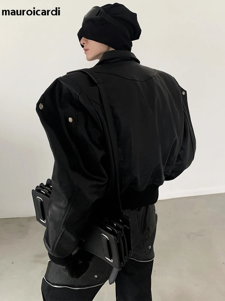 Men’s Oversized PU Leather Jacket – Black Shoulder Pad Zip-Up Coat