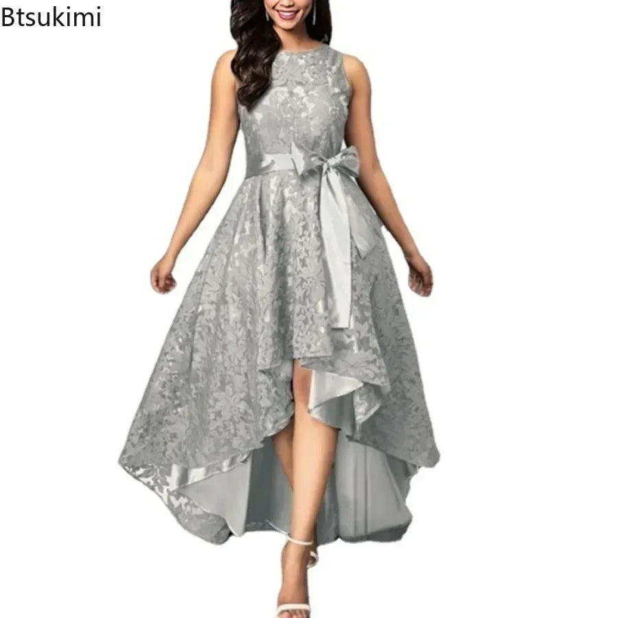 Elegant Lace Bridesmaid Maxi Dress – Women’s High Waist Bow Evening Gown