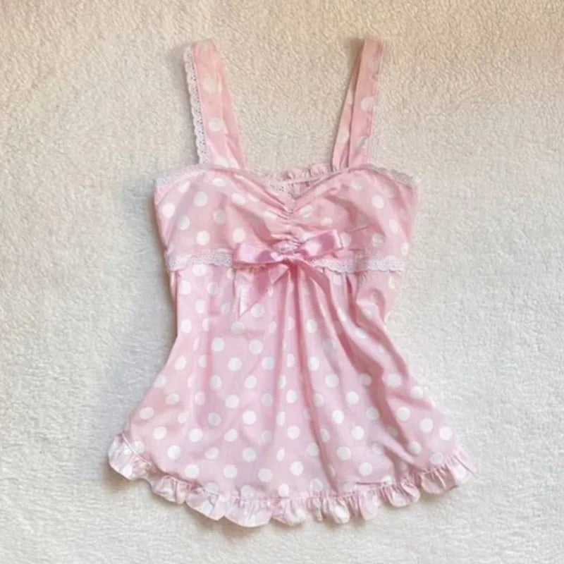 Vintage Polka Dot Lace Patchwork Crop Tank Top – Women’s Summer Cami