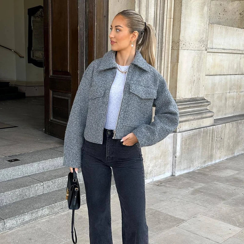 Women’s Tweed Cropped Bomber Jacket – Zip-Up Long Sleeve Outerwear