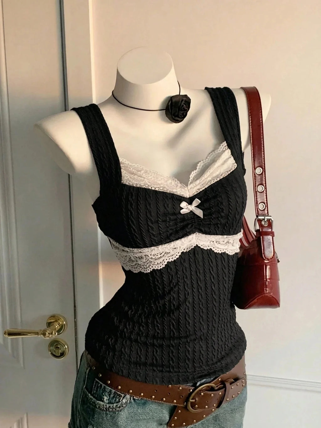Y2K Lace Bow Patchwork Vest – Women’s Summer Versatile Top