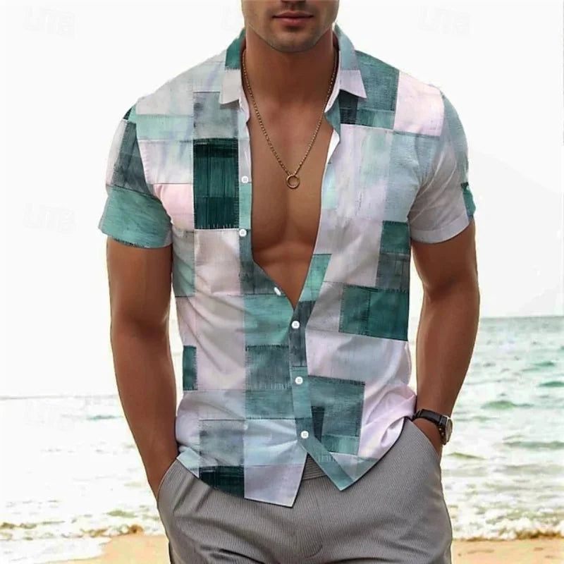 Men’s Vintage Patchwork Printed Shirt – Short Sleeve Tropical Vacation Top