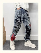 Men’s Flame Skull Print Jeans – Baggy Streetwear Denim Pants
