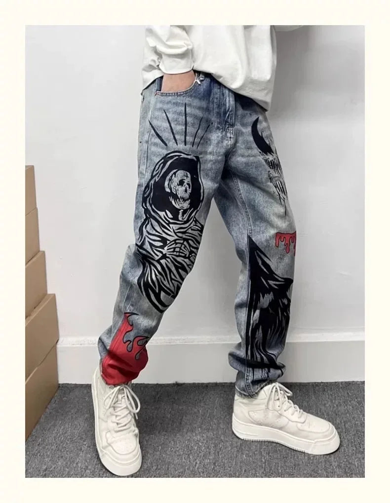 Men’s Flame Skull Print Jeans – Baggy Streetwear Denim Pants