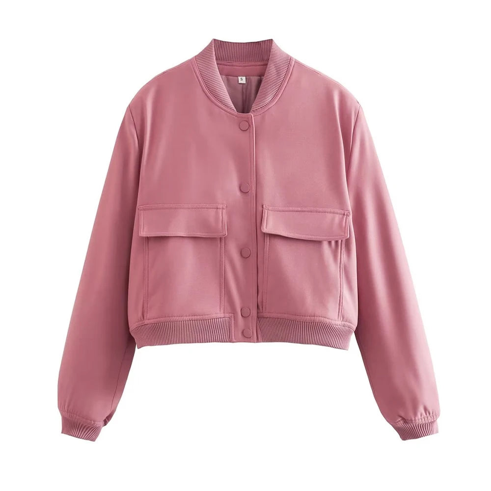 Women’s Vintage Button-Up Bomber Jacket – Long Sleeve Casual Outerwear