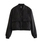 Women’s Vintage Button-Up Bomber Jacket – Long Sleeve Casual Outerwear