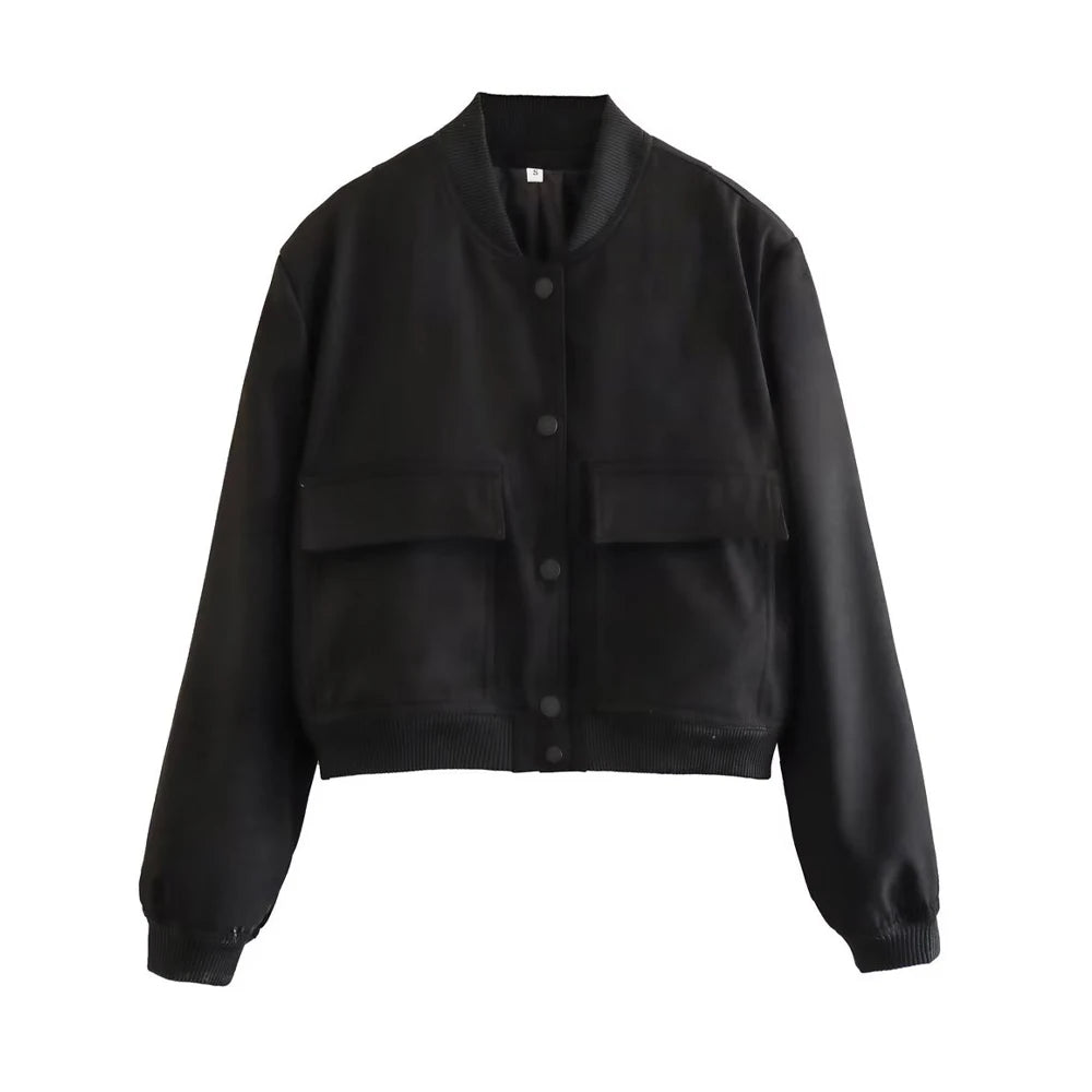 Women’s Vintage Button-Up Bomber Jacket – Long Sleeve Casual Outerwear