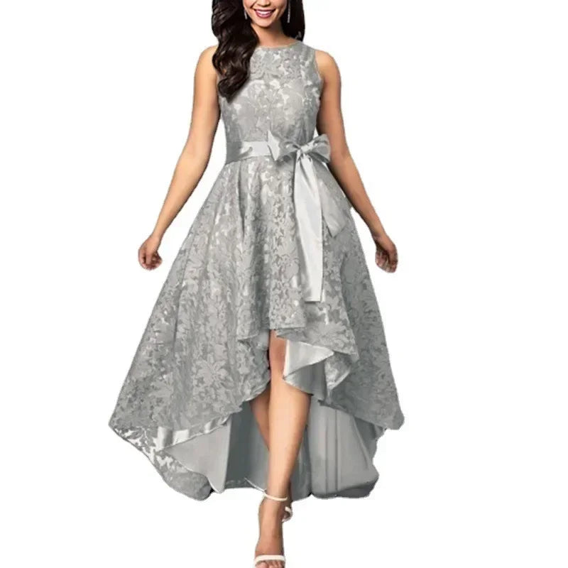 Elegant Lace Bridesmaid Maxi Dress – Women’s High Waist Bow Evening Gown