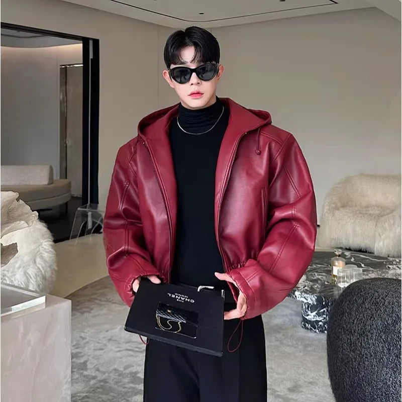 Men’s Short Hooded PU Leather Jacket – Black Waterproof Loose Fit Coat