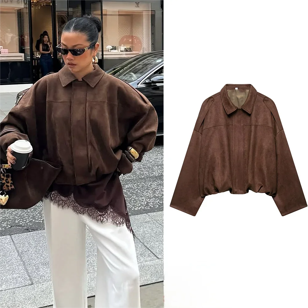 Women’s Khaki Suede Bomber Jacket – Oversized Zip-Up Coat