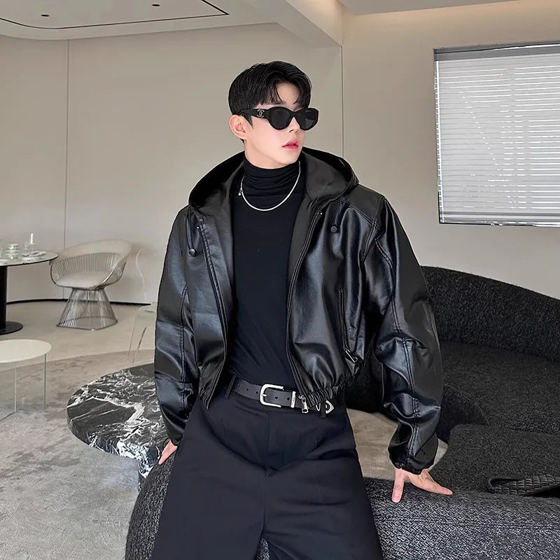 Men’s Short Hooded PU Leather Jacket – Black Waterproof Loose Fit Coat