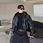 Men’s Short Hooded PU Leather Jacket – Black Waterproof Loose Fit Coat
