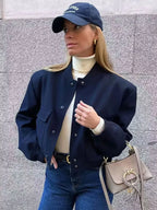 Women’s Vintage Button-Up Bomber Jacket – Long Sleeve Casual Outerwear