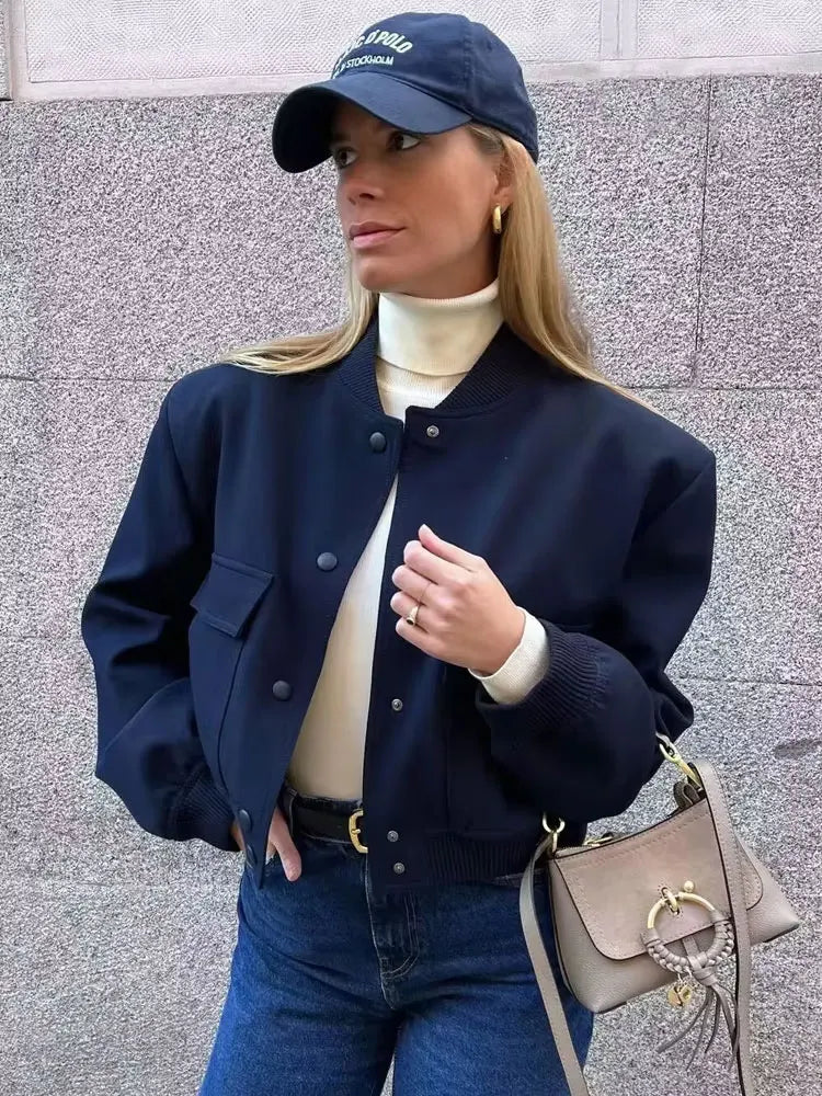 Women’s Vintage Button-Up Bomber Jacket – Long Sleeve Casual Outerwear
