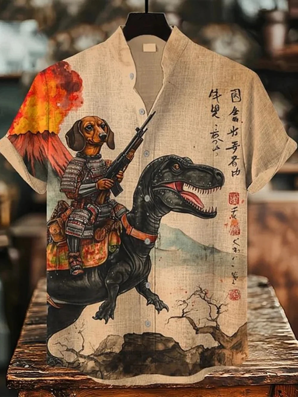 Men’s Linen Printed Shirt – Japanese Style Stand Collar Casual Top