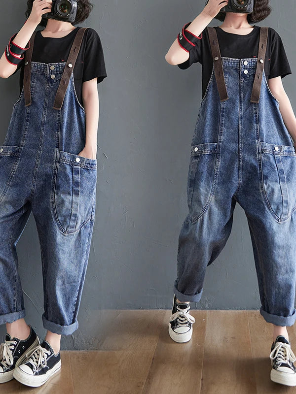 Women’s High Waist Denim Overalls – Loose Fit Cropped Summer Pants