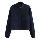 Women’s Vintage Button-Up Bomber Jacket – Long Sleeve Casual Outerwear