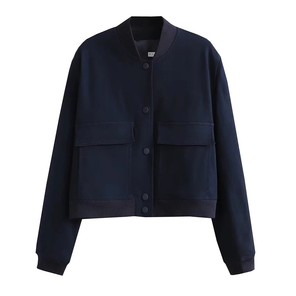 Women’s Vintage Button-Up Bomber Jacket – Long Sleeve Casual Outerwear