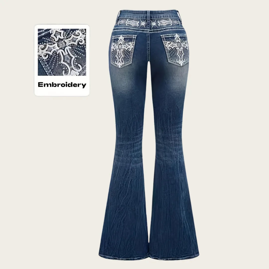Women’s Vintage Flare Jeans – Embroidered Rhinestone Bootcut Denim Pants