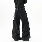Men’s Multi Pocket Patchwork Jeans – Wide Leg Streetwear Denim Pants