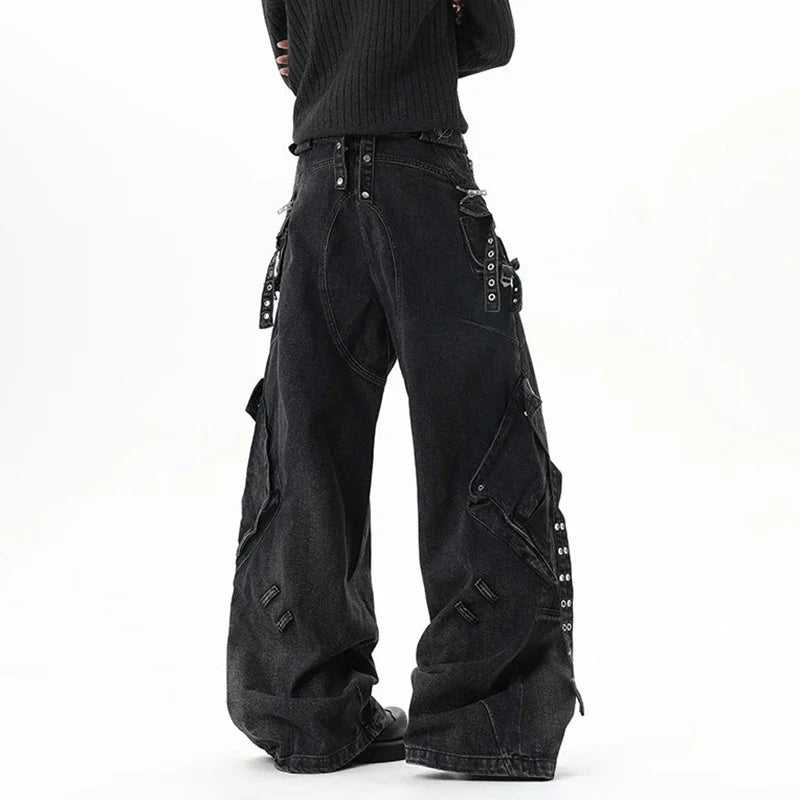 Men’s Multi Pocket Patchwork Jeans – Wide Leg Streetwear Denim Pants