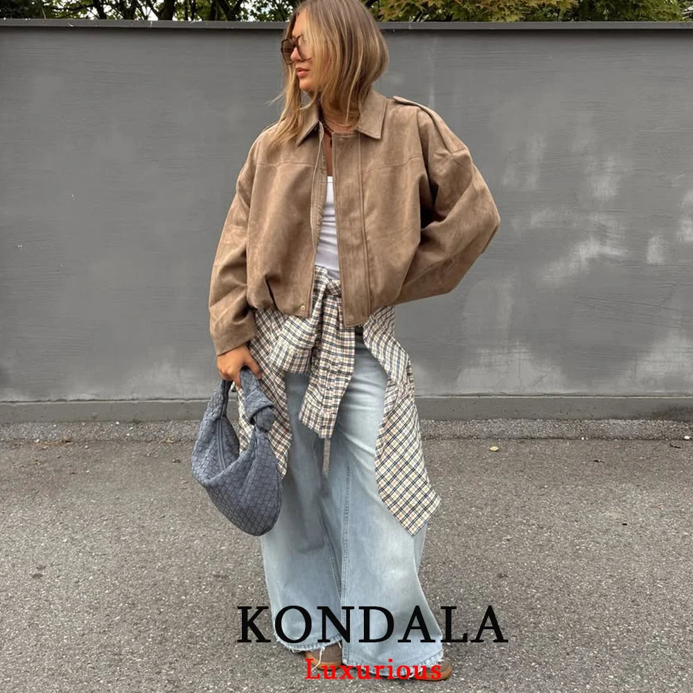 Women’s Khaki Suede Bomber Jacket – Oversized Zip-Up Coat