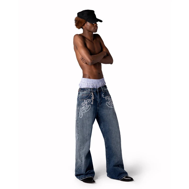 Y2k Blue Opening Bootcut Jeans Vintage Washed Embroidery Men Women Pants Harajuku High Street Streetwear Unisex Casual Jeans