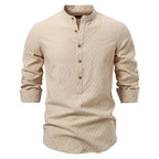 Men’s 100% Cotton Half-Button Shirt – Solid Color Casual Long Sleeve Top