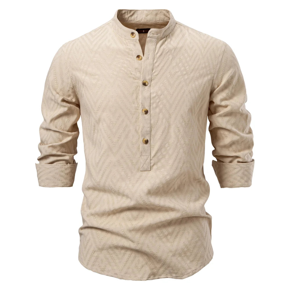 Men’s 100% Cotton Half-Button Shirt – Solid Color Casual Long Sleeve Top