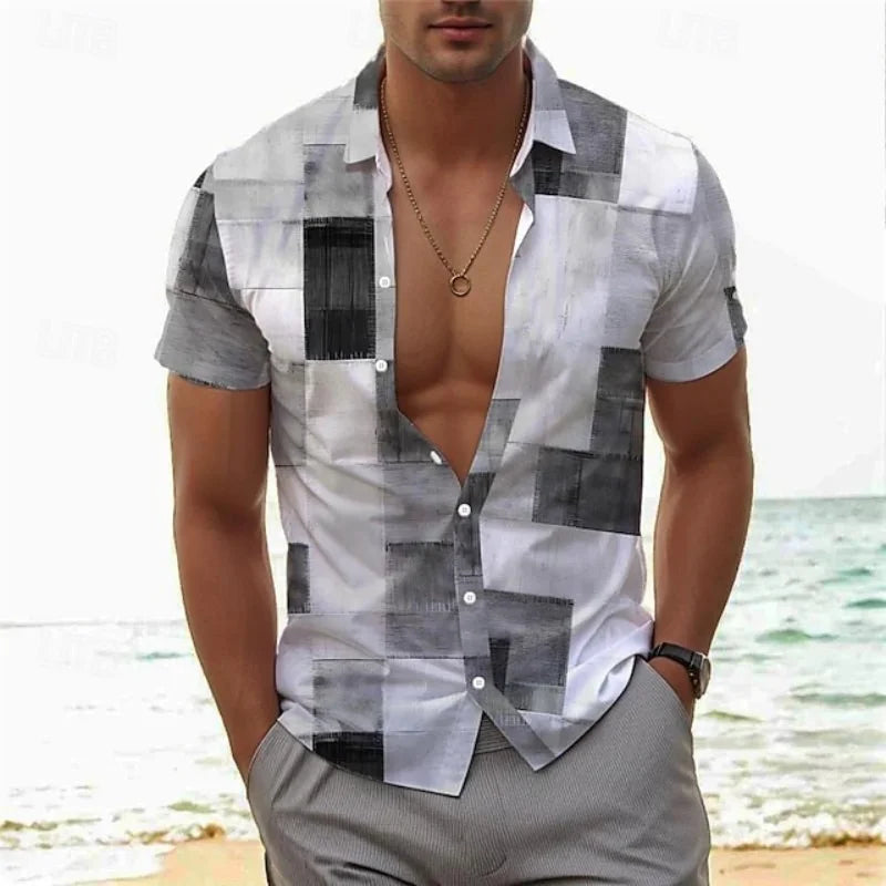 Men’s Vintage Patchwork Printed Shirt – Short Sleeve Tropical Vacation Top
